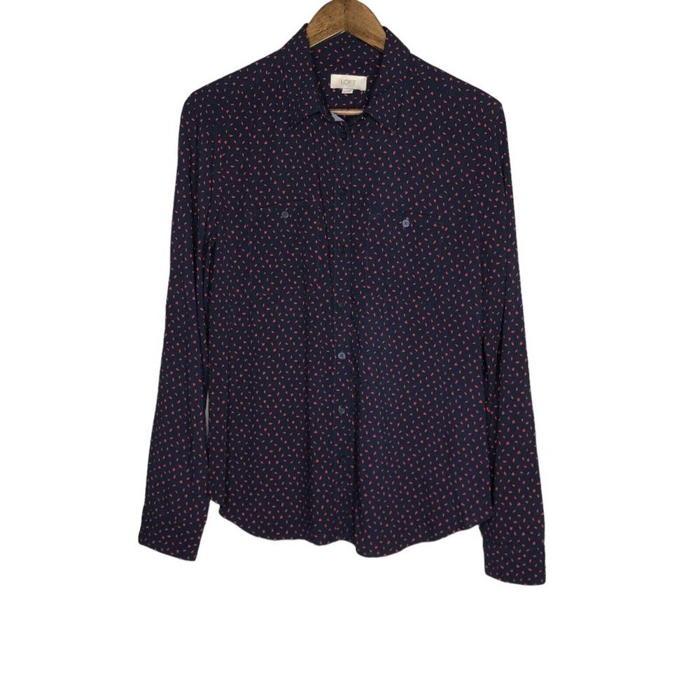 Loft Outlet NWT Women's Blue and Red Speckled Button Down Roll Sleeve Size Small
